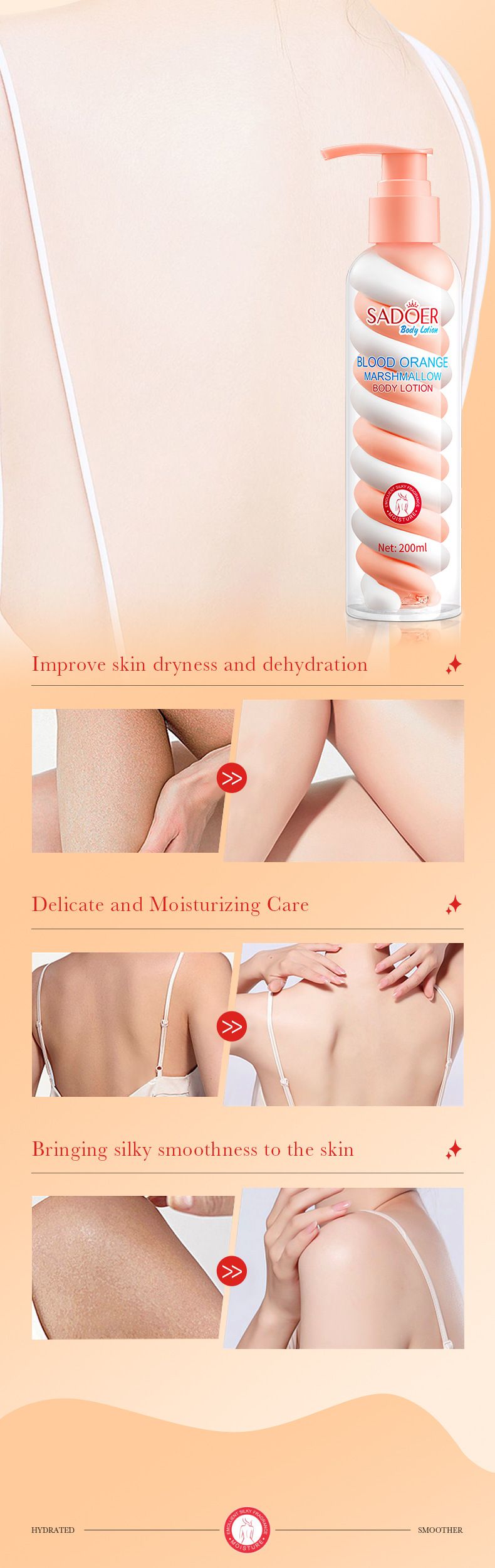 SADOER Blutorangen-Marshmallow-Körperlotion, 200 ml, Niacinamid, Avocado-Frucht-Körperlotion_voghion.com