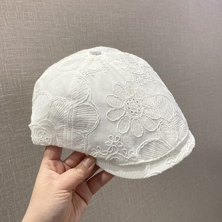 Thin Embroidered Flower Forward Cap For Women, Spring And Summer New Versatile Face-Slimming Duckbill Beret, Breathable_voghion.com