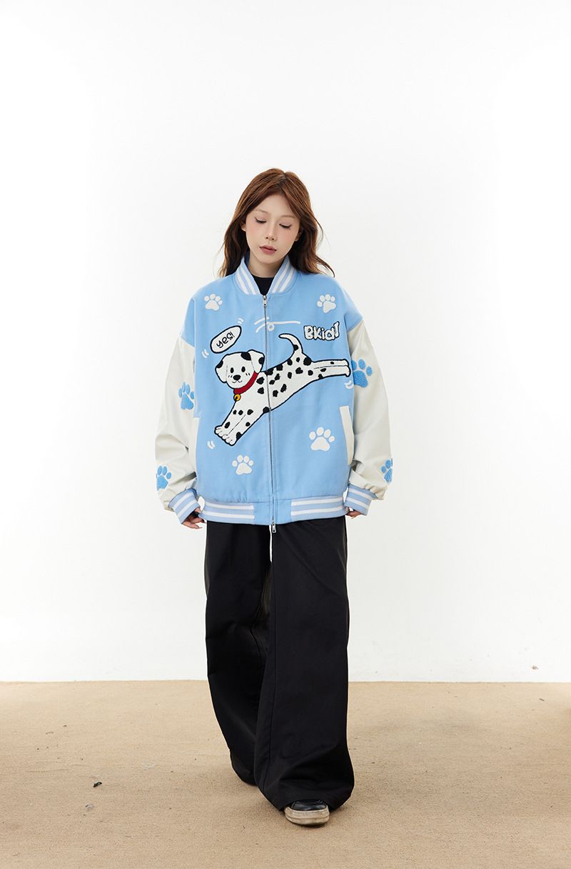 American Style Spotted Dog Paw Embroidery Flocked Baseball Jacket Fashion Unisex Trend_voghion.com