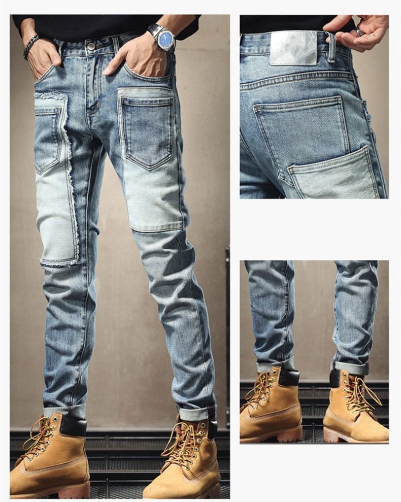 Kleidung für Teenager, zerrissene Jeans, Slim Fit, Stretch-Röhrenhose, helle Farbe, mehrere Taschen, High-End, trendige Markennähte, Bettlerhose_voghion.com