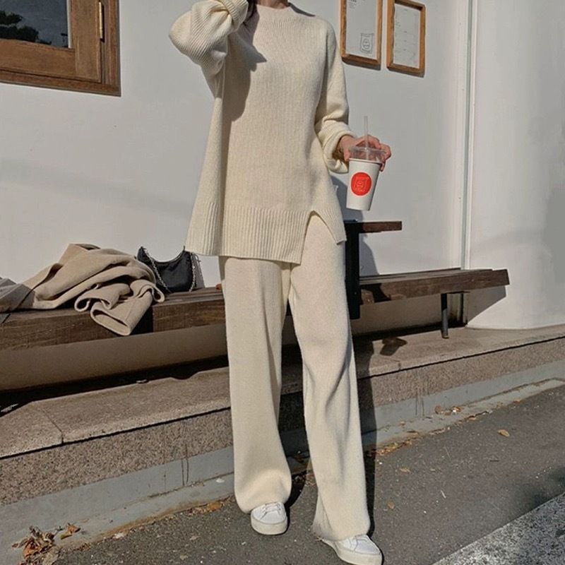 Korean Solid Color Knitted 2024 Autumn Winter New Split Sweater Straight Tube Loose Wide Leg Pants Two Piece Set for_voghion.com