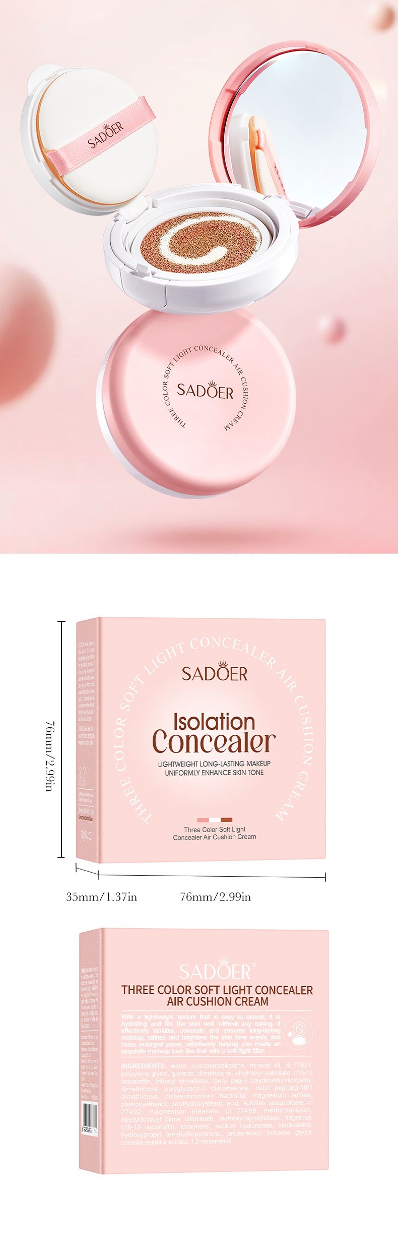 BB Cream SADOER Three-Color Soft Light Concealer Air Cushion Cream 12g Grooming And Repair Concealer Air Cushion Cream_voghion.com