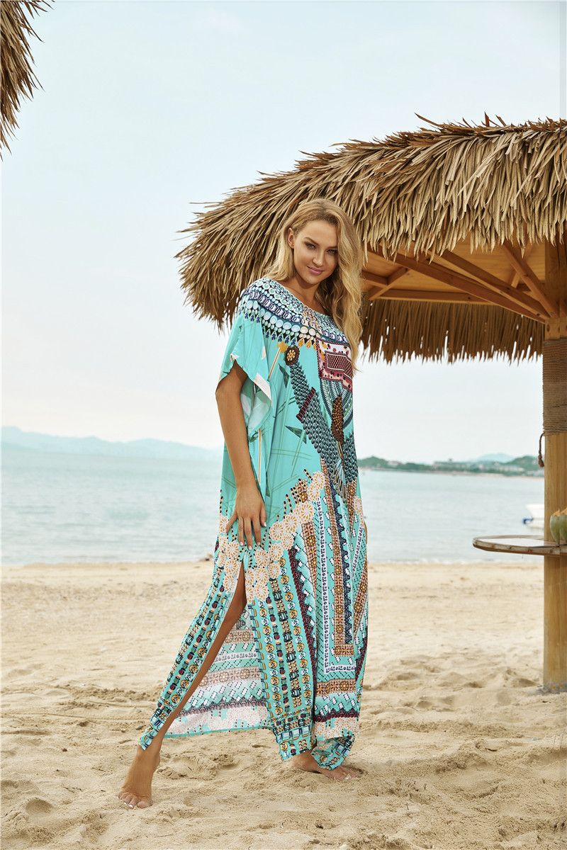 Damen-Überwurfkleid aus fließendem Viskose-Druck, Strandtunika, Bademode, Wickelkleid, leicht, Boho-Chic, Resort-Kleidung_voghion.com