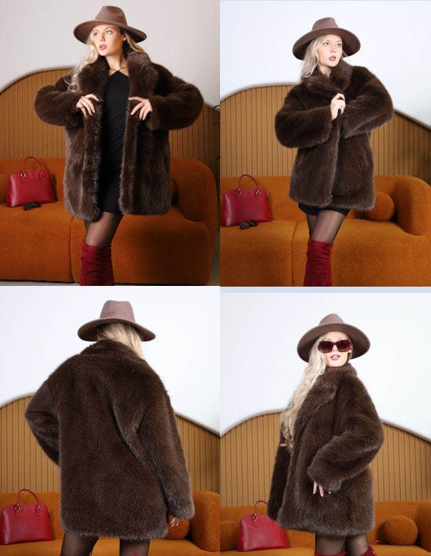 Manteau de luxe en fausse fourrure pour femme – Manteau d'hiver surdimensionné en cuir végétalien, col en V, manches longues (marron, couleurs personnalisées, tailles XS-L)_voghion.com