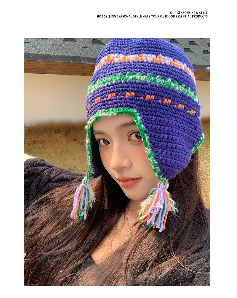 Cappello Lei Feng lavorato a maglia in stile etnico retrò con paraorecchie intrecciato a blocchi di colore per donna, caldo cappello invernale tibetano per viaggi e fotografia_voghion.com