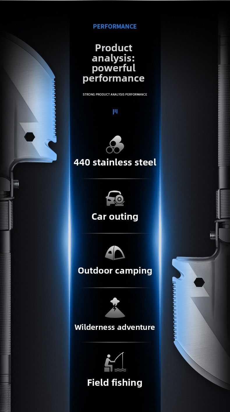 Pala da campeggio portatile per auto, attrezzo da pesca, attrezzo da scavo pieghevole per esterni, in acciaio ad alto tenore di carbonio, militare_voghion.com