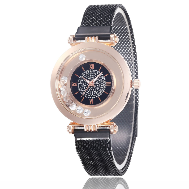 Cost performance full diamond ball quicksand women's mesh quartz ultra-thin Roman digital magnet watch_voghion.com