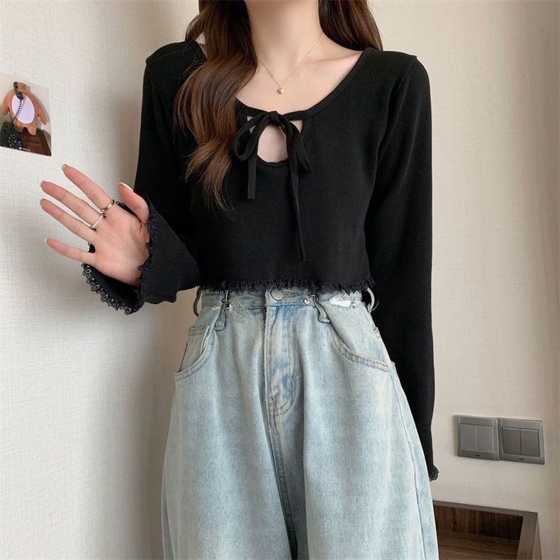 Elegant and lace V-neck long sleeved t-shirt for women, 2024 autumn new collection with strap design, niche slim fit top_voghion.com