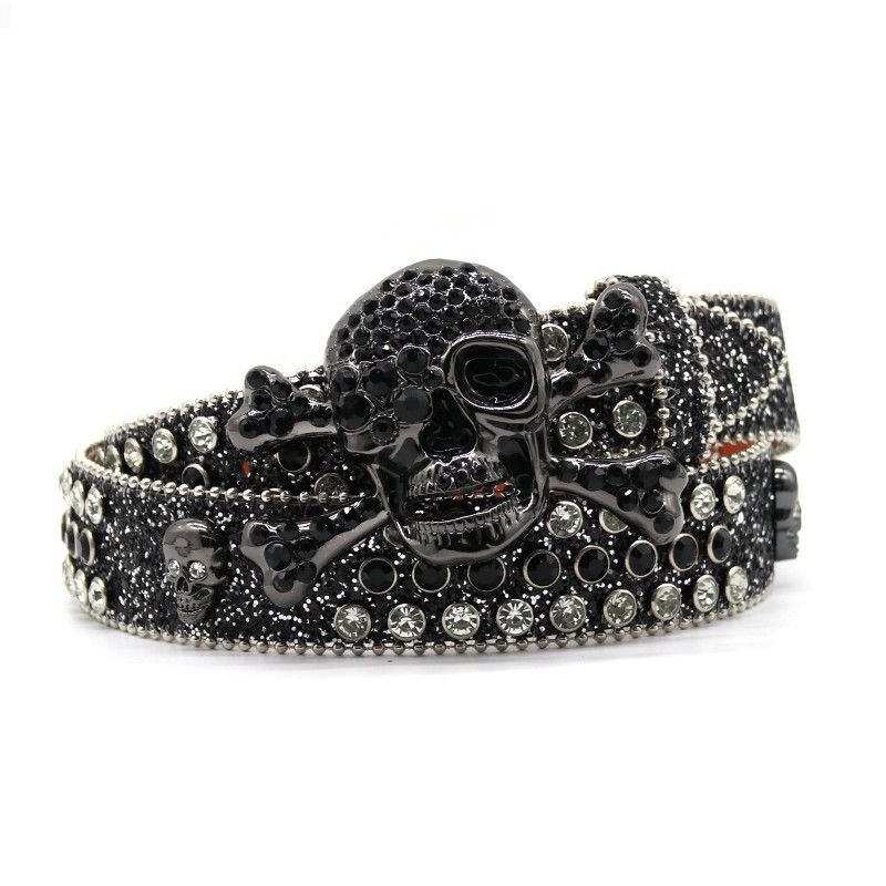 Big Skull Head Water Diamond with Men's Inlaid Belt Sparkling Hip Hop Punk Personality Trendy Style_voghion.com