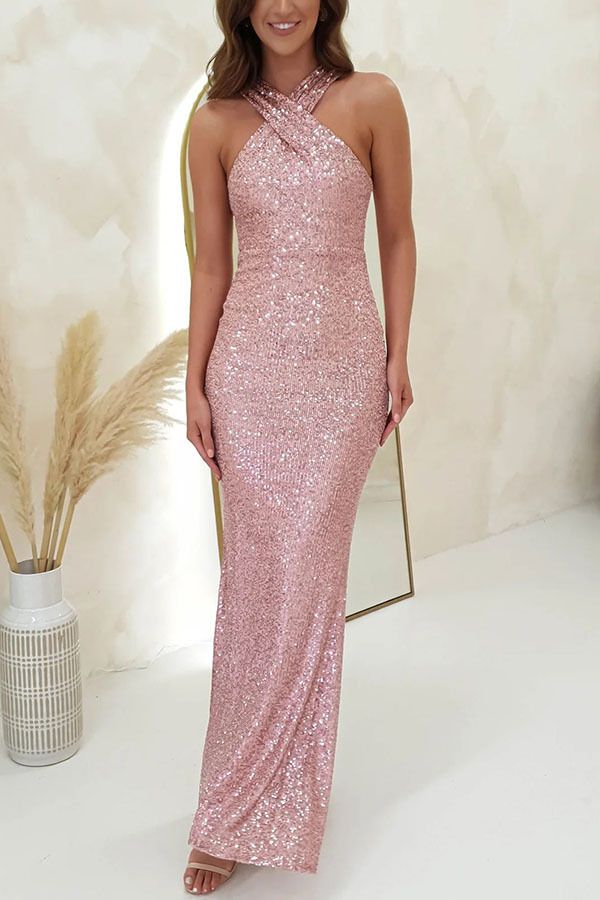 Sexy rückenfreies ärmelloses langes Abendkleid mit Pailletten für Damen_voghion.com