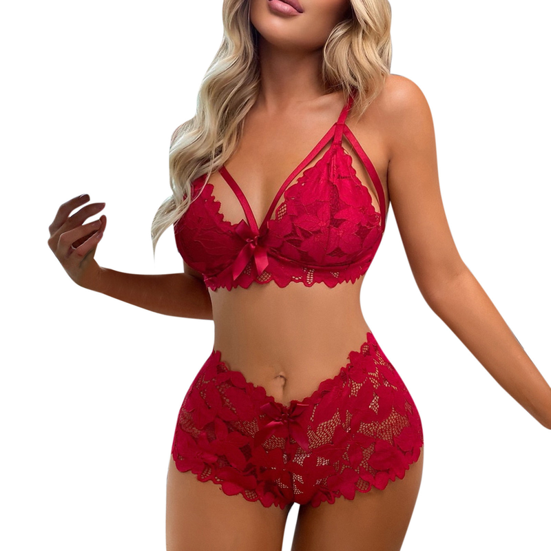 Nuovo sexy completo intimo due pezzi con pizzo jacquard trasparente e traforato_voghion.com