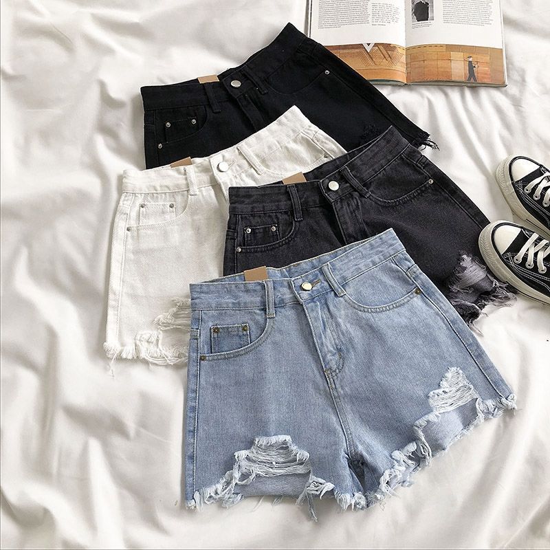 Women's Clothing Light Colored Denim Shorts Women's High Waisted Light Wash Denim Shorts With Distressed Hem & Ripped Details - Stretchy Comfort Fit_voghion.com