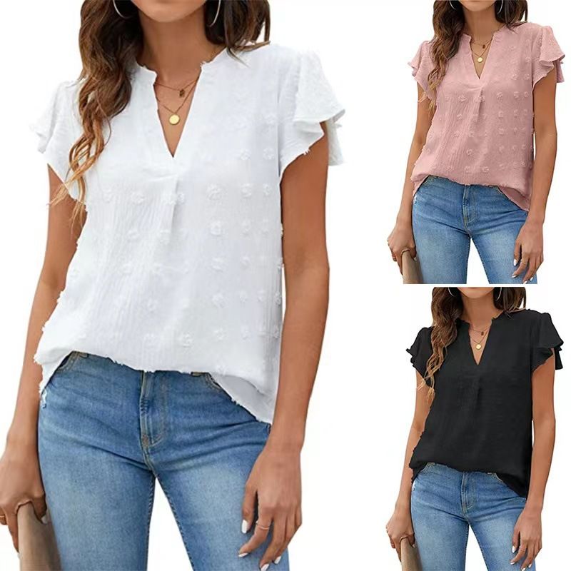 Camisas de gasa con volantes y cuello en V para el verano_voghion.com