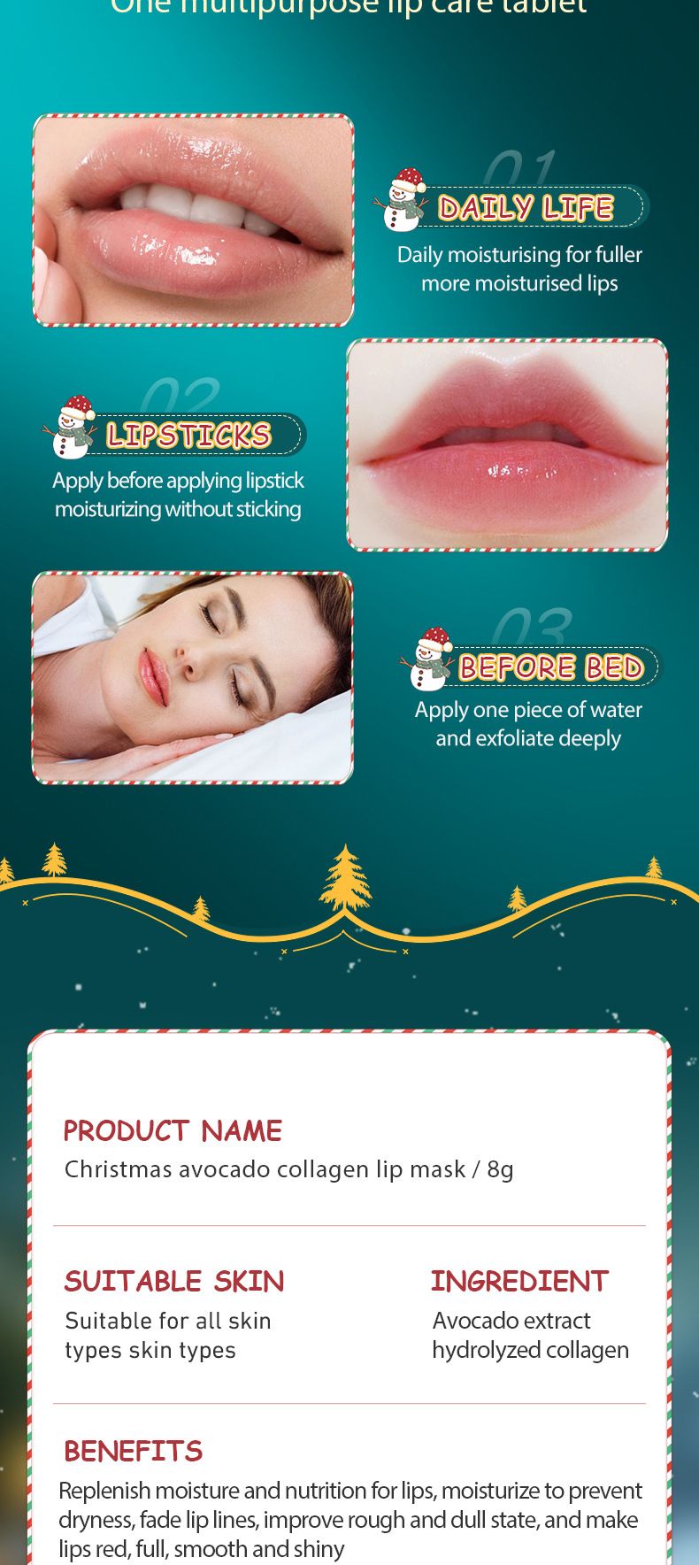 Mascarilla labial SADOER con colágeno y aguacate navideño. Hidrata y elimina las líneas de expresión._voghion.com