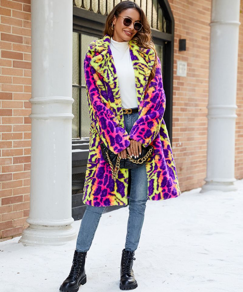 Kunstpelzmantel mit auffälligem Farbblockdesign und Leopardenmuster – Lange Kapuzenjacke für Damen (Regenbogen-Leopard, S-XXL)_voghion.com