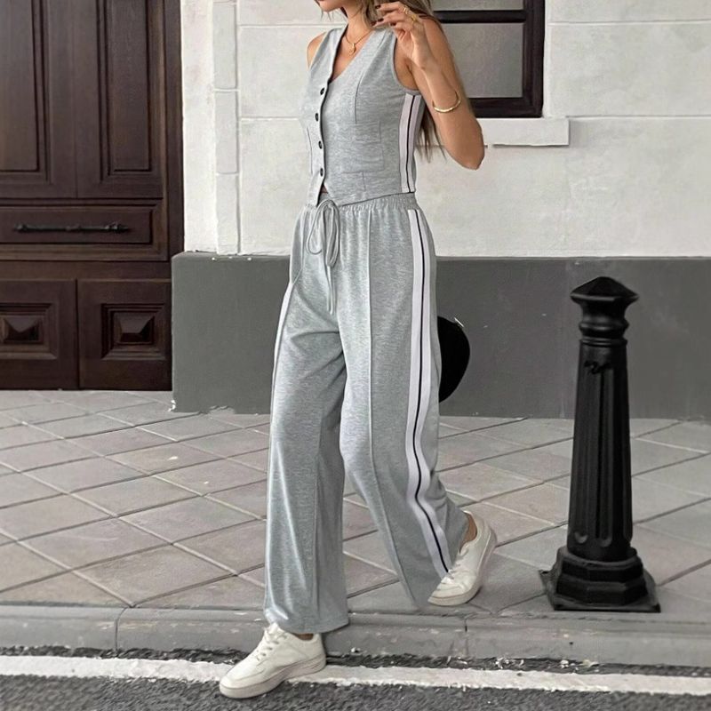 Ensemble deux pièces long et décontracté pour femme, couleur unie, sans manches, avec poches_voghion.com