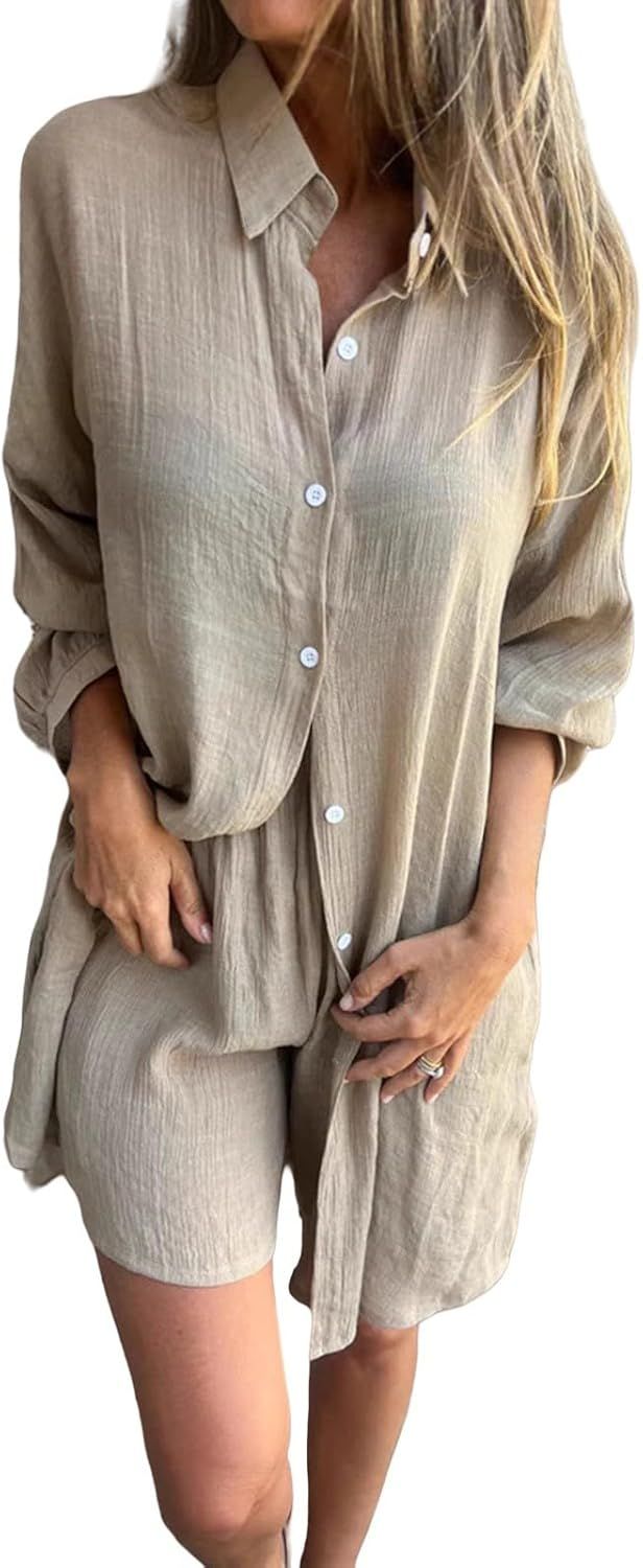 Completo casual da donna, estivo, in 2 pezzi, con camicie abbottonate, top con coulisse, pantaloncini in lino e costume da bagno largo da donna._voghion.com