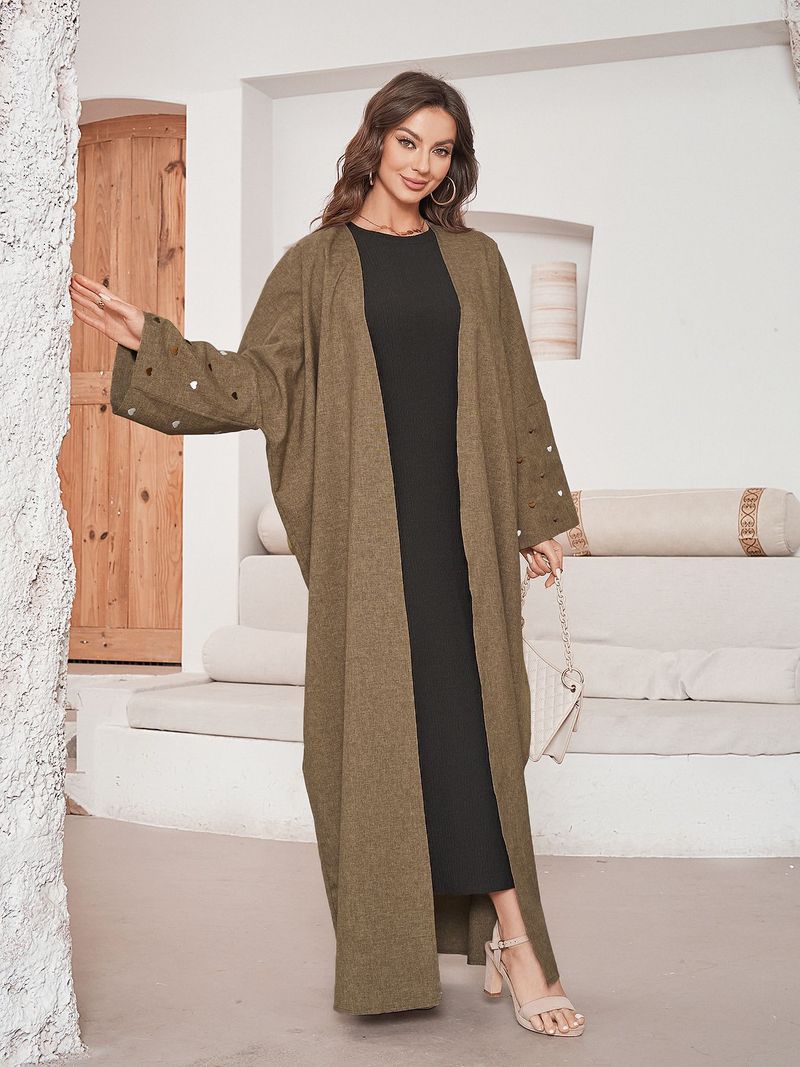 Damenbekleidung, elegantes, besticktes, herzförmiges Muster, langes muslimisches Kleid im Cardigan-Stil, modisches Polyestergewebe, zweifarbige Robe_voghion.com