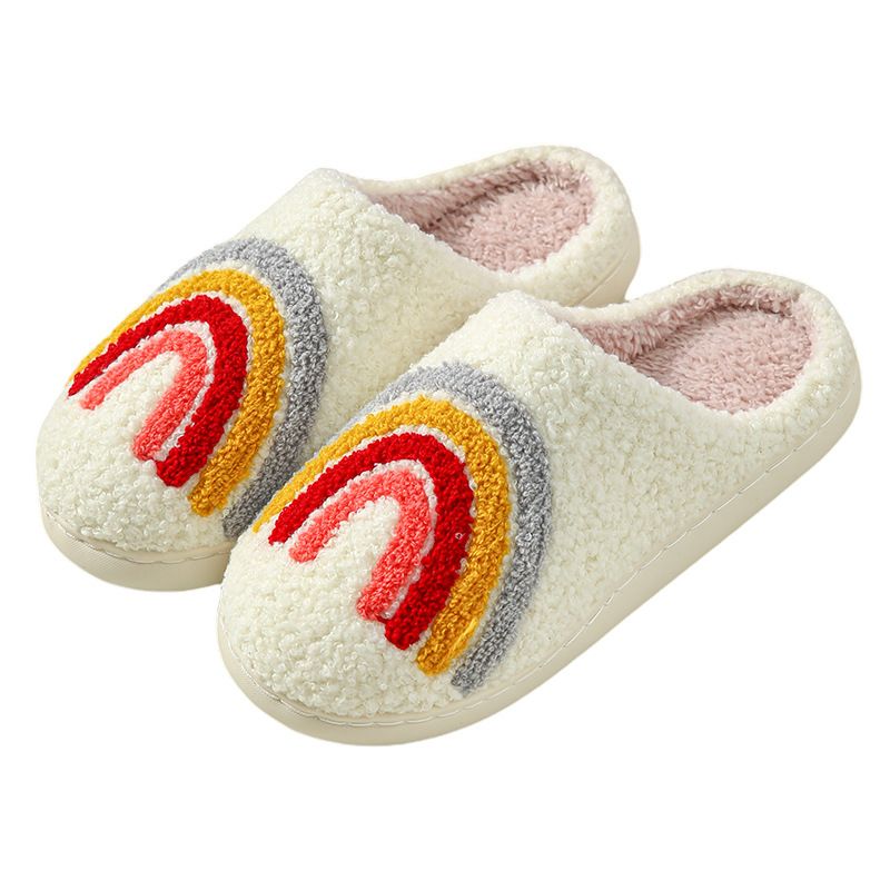 Pantofole in cotone ricamate con asciugamano a forma di cuore, arcobaleno, fragola e peluche invernale a forma di fungo sorridente_voghion.com