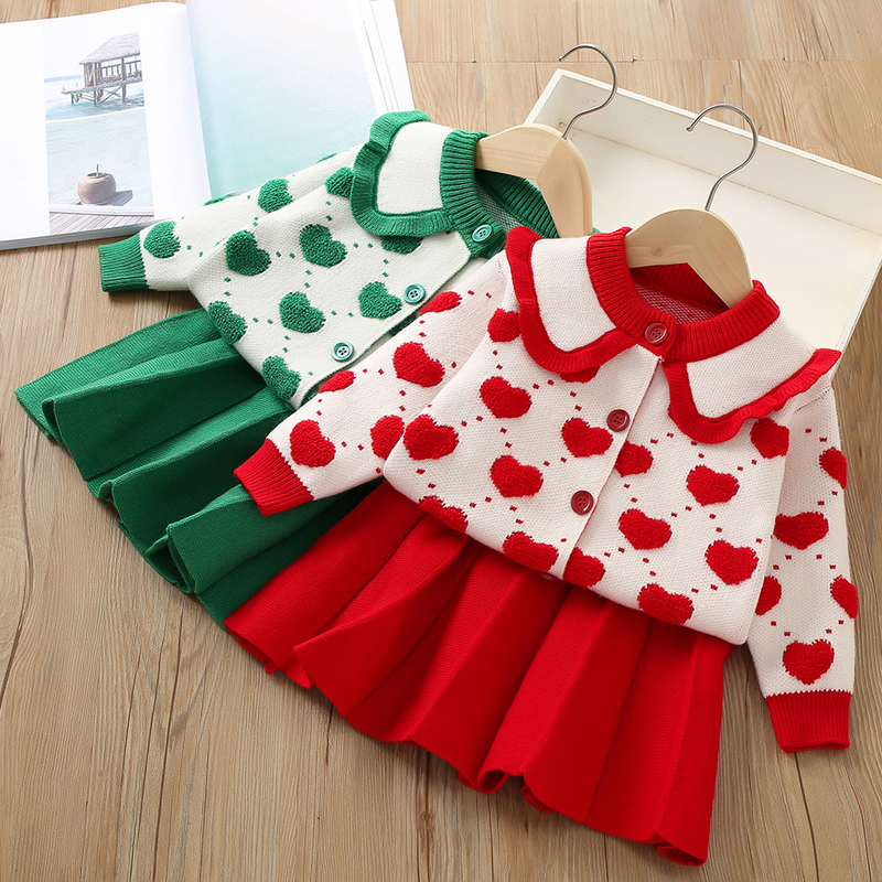 Pull tricoté en velours granulaire pour bébé fille, nouvelle édition coréenne, petit cœur, ensemble de jupe, automne/hiver 2023_voghion.com