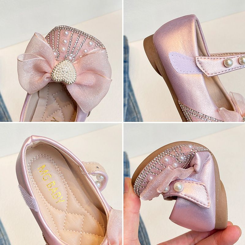 Madre e bambini Versione coreana di scarpe da principessa con fiocco grande e dolce, strass, autunno 2024, nuove scarpe in pelle per bambini, scarpe singole con perle_voghion.com