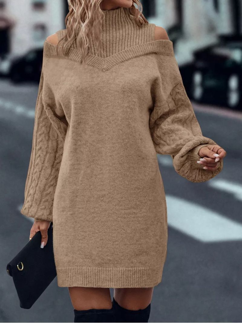 Oversize-Pulloverkleid aus grobem Strick – Halbrollkragenkleid mit Schulterdetail und langen Ärmeln_voghion.com