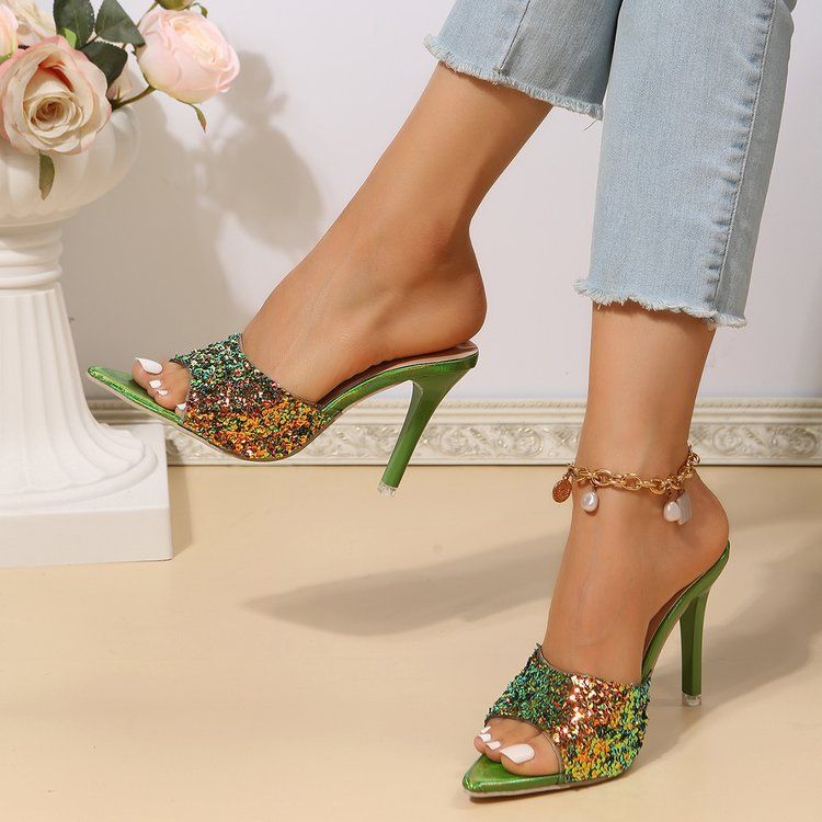 Sequin Pointed High Heel Open Toe Mules For Women Sexy Stiletto Fashion Sandals_voghion.com