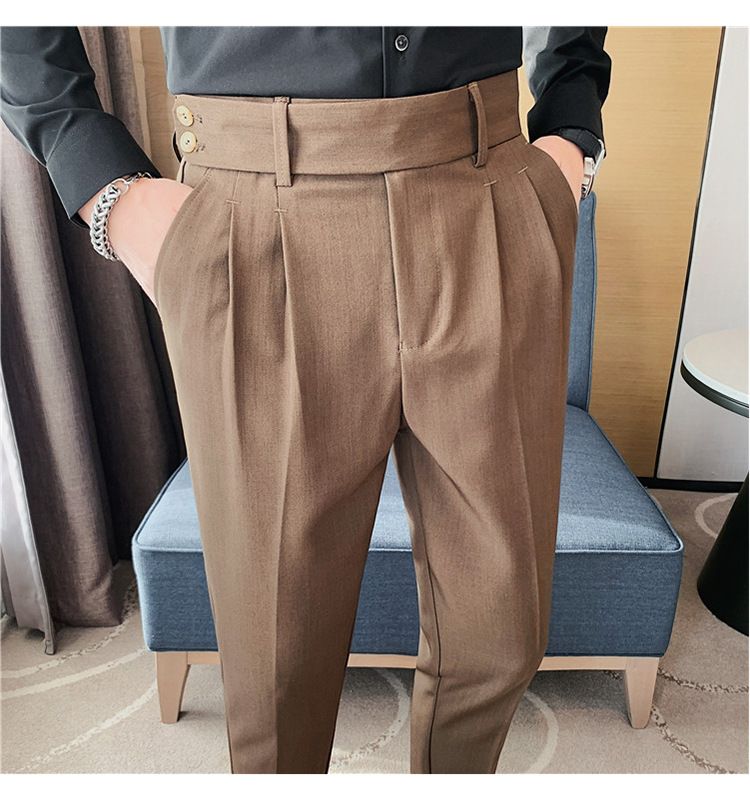 Pantaloni napoletani da uomo nuovi di zecca, in twill strutturato, con vita a pieghe, design casual a nove punte, vita media e alta_voghion.com