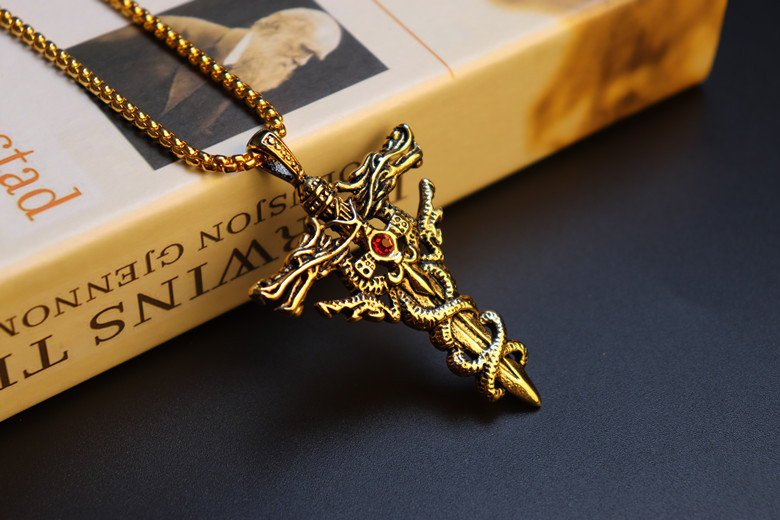 Fashion Double Dragon Sword Titanium Steel Necklace Pendant Retro Punk Cross Lucky Fortune Men's Accessories Jewelry _voghion.com