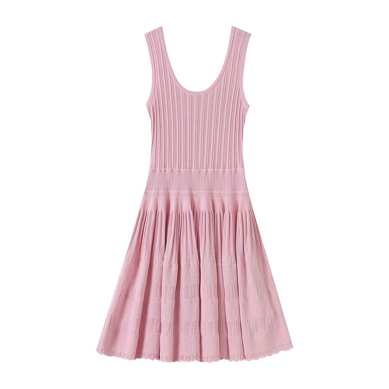 Abito da donna in maglia sottile senza maniche, stile piccolo profumo, plissettato, con scollo a U e bretelle, stile svasato_voghion.com