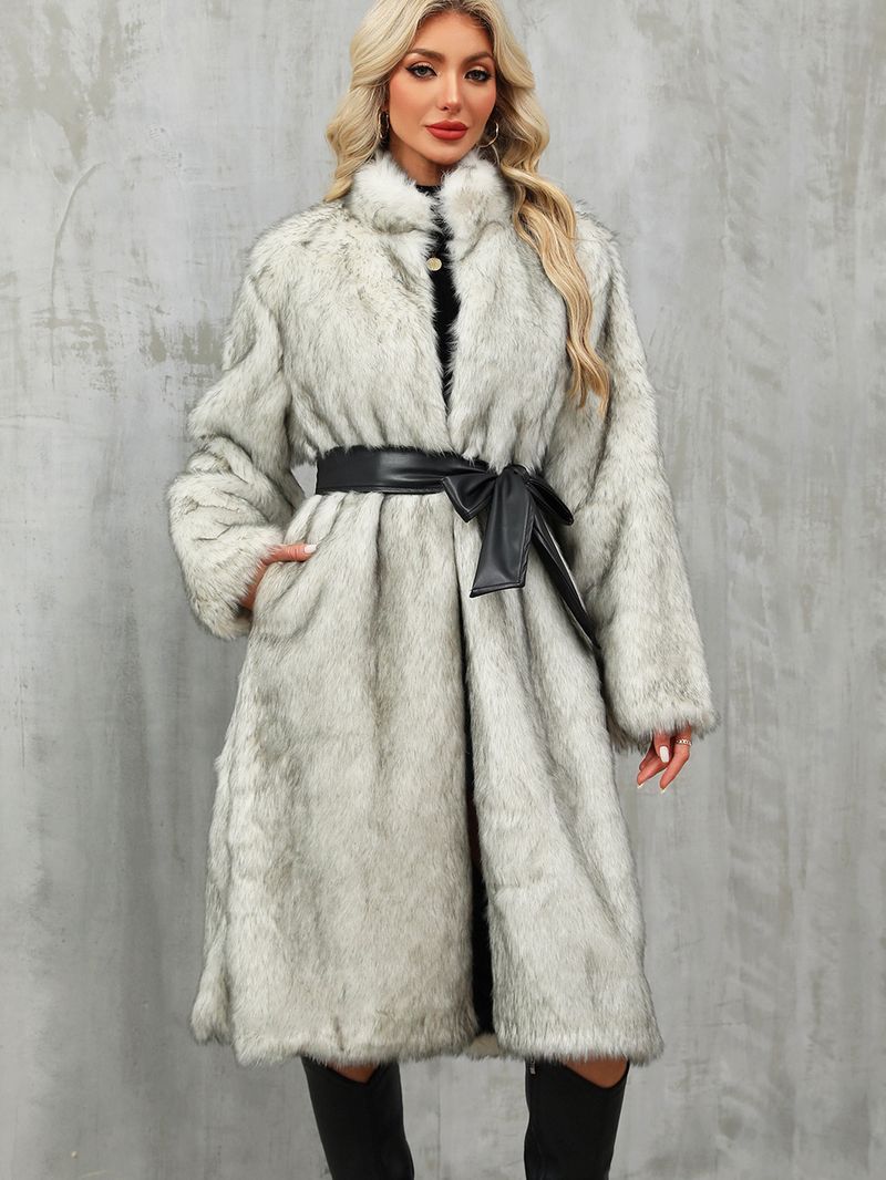 Damen-Kunstpelzmantel – Langer Plüsch-Trenchcoat mit Gürtel (S-XXXL, Schwarz/Polarfuchs, Eleganter Wintermantel)_voghion.com