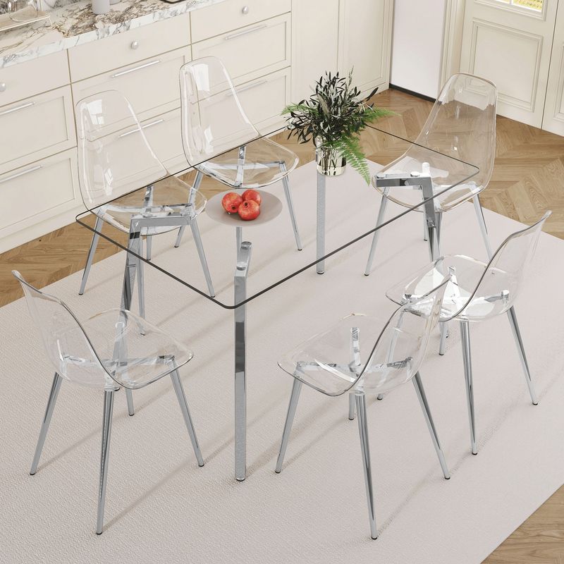 Table And Chair Set.51 * 31.5 Inch Silver Leg Glass Dining Table With 6 Transparent Dining Chairs: A Stylish Combination That Showcases Elegant Style._voghion.com