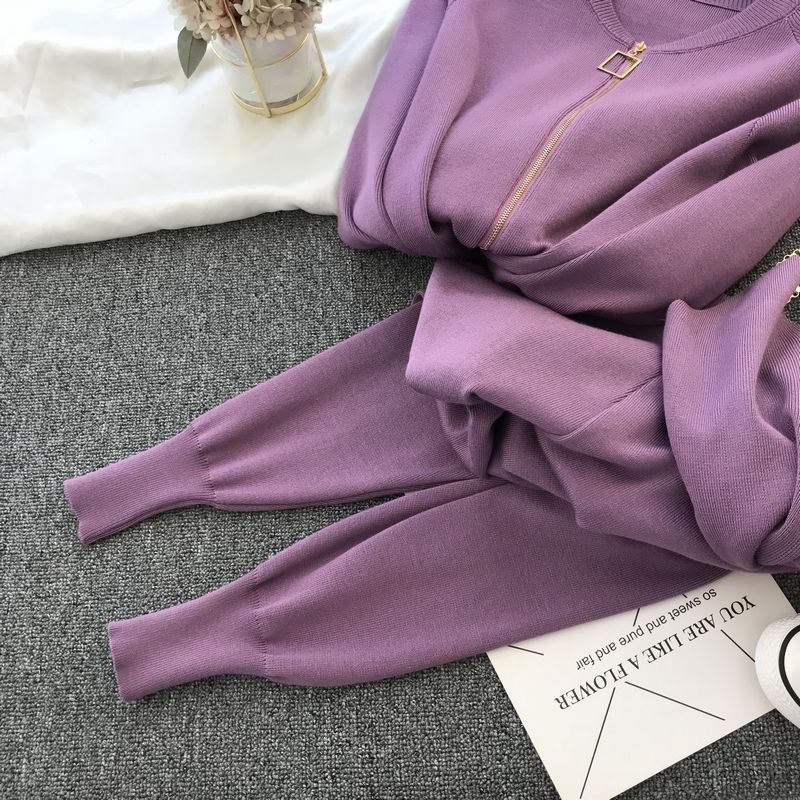 Damen Strickanzug Weste, Jacke, Elastische Hose, Modischer Dreiteiler_voghion.com