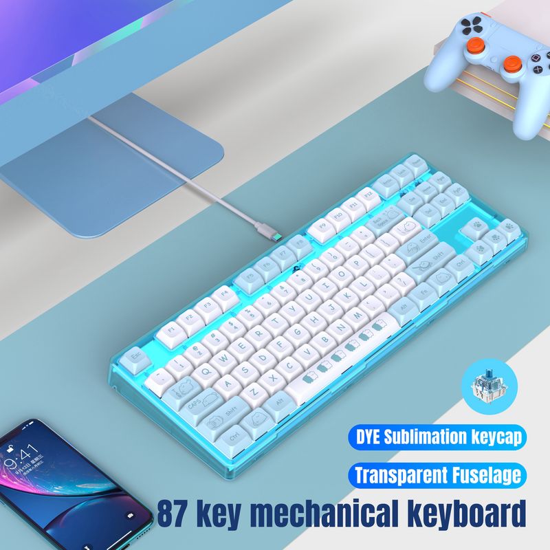 New 87 key wired mechanical sublimated cartoon keycaps, game keyboard, multiple lights_voghion.com
