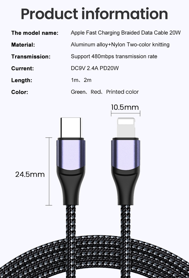 PD 20W Schnelllade-USB-C-Kabel für iPhone 14 13 12 11 Pro Max TypeC auf 8-poliges Ladegerät 2,4A Datenkabel Nylon Wo_voghion.com
