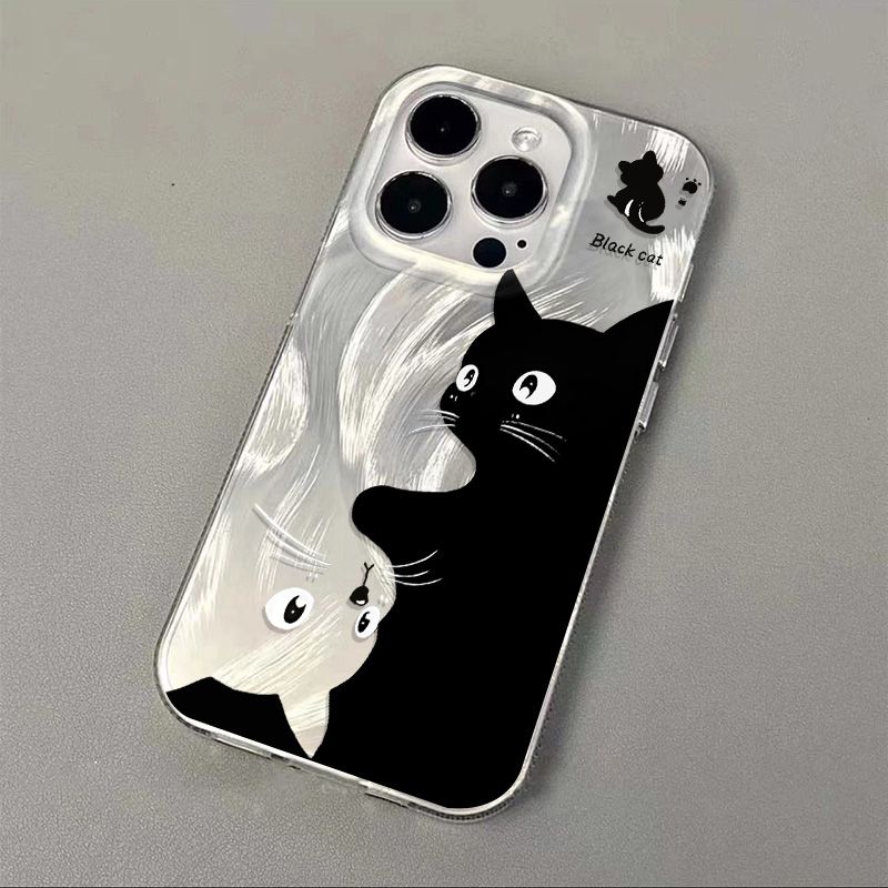 Custodia per telefono con gatto nero dei cartoni animati per iPhone 16 15 Custodia per iPhone 13 11 12 14 Pro Max XR XS X 7 8 Plus SE2 Custodia con piume argentate_voghion.com