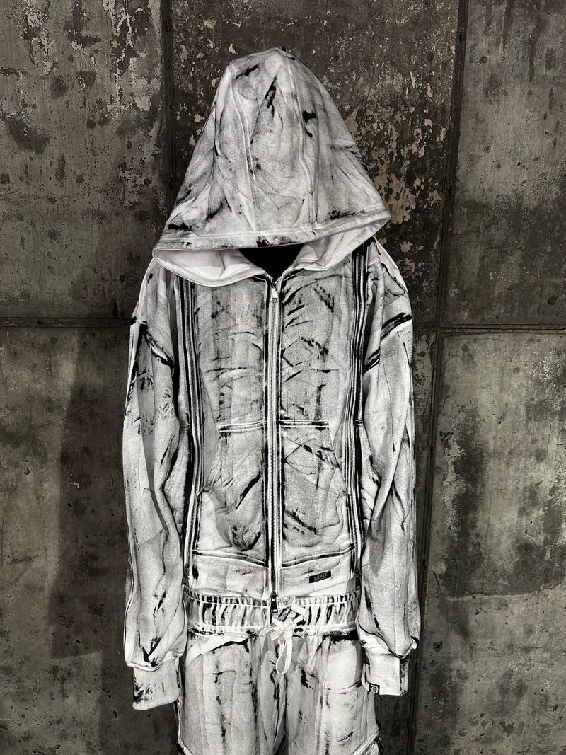 Felpa con cappuccio unisex pesante con cerniera staccabile e stampa distopica: un capo streetwear essenziale per l'inverno_voghion.com