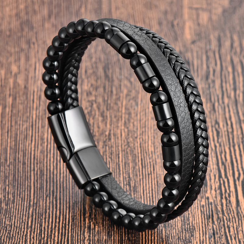 Herrenschmuck Schwarzes Lederseil Rindsleder Herren Doppeltes Edelstahl Echtleder Geflochtenes Armband Handgefertigtes mehrschichtiges Lederarmband_voghion.com