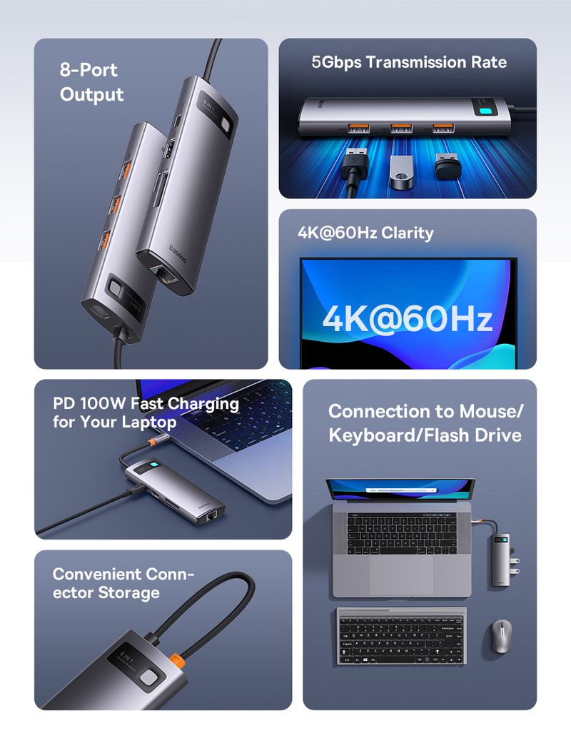 Adattatore Baseus 4K 60Hz da tipo C a porta Ethernet PD 100W per MacBook Pro Hub USB 3.0 Accessori per laptop e tablet_voghion.com