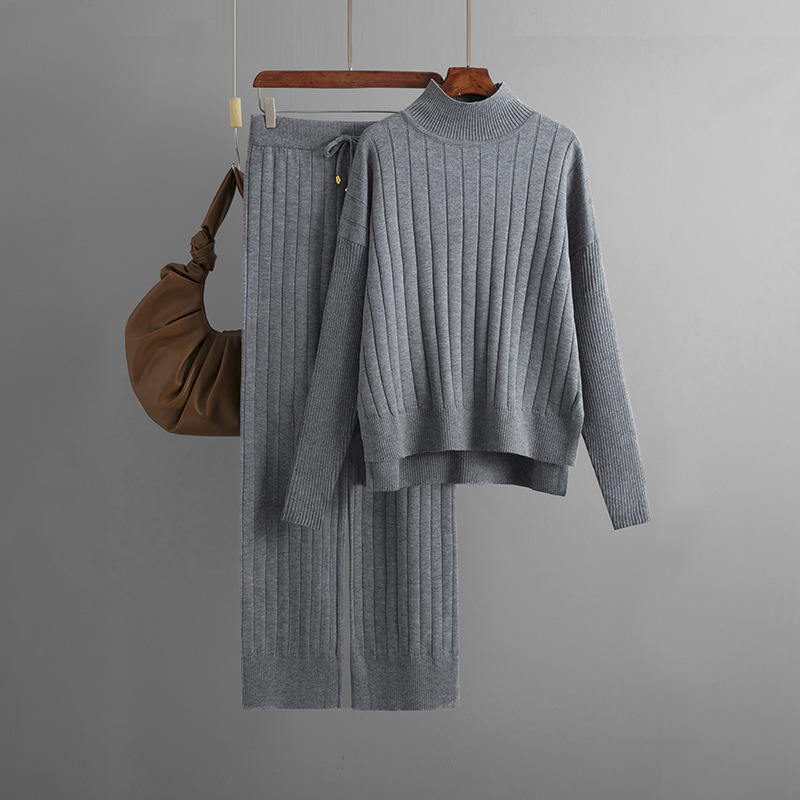 Damen-Pit-Strip-Halb-Rollkragenpullover-Set, einfarbig, lockerer, warmer Bezug, die ersten beiden Sets_voghion.com