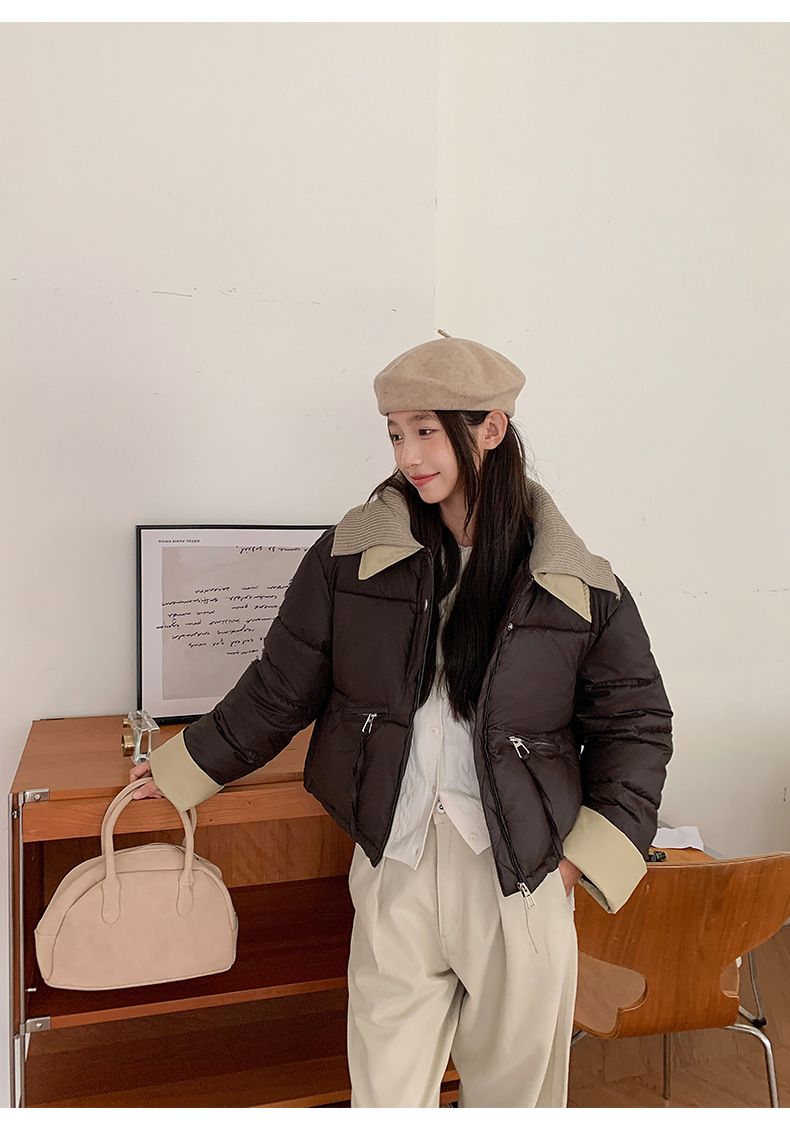 2024 European Knitted Short Down Jacket Women's Winter Fashion Splicing Doll Collar Cotton Coat Trend_voghion.com