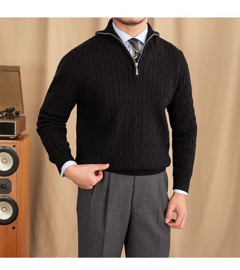 Men's Clothing Cozy Retro Zip-Up Knit Sweater For Men & Women, Soft Pullover With Embroidered Badge, Loose Fit Casual Wear, Black/White, Sizes M-3XL_voghion.com