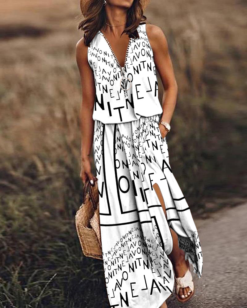 Trendy Sleeveless Zip-Front Letter Print Maxi Dress – High-Low Hem & V-Neck Casual Dress (Black/Red/Khaki/Print-Grey/Print-White/Print-Khaki, S-5XL)"_voghion.com