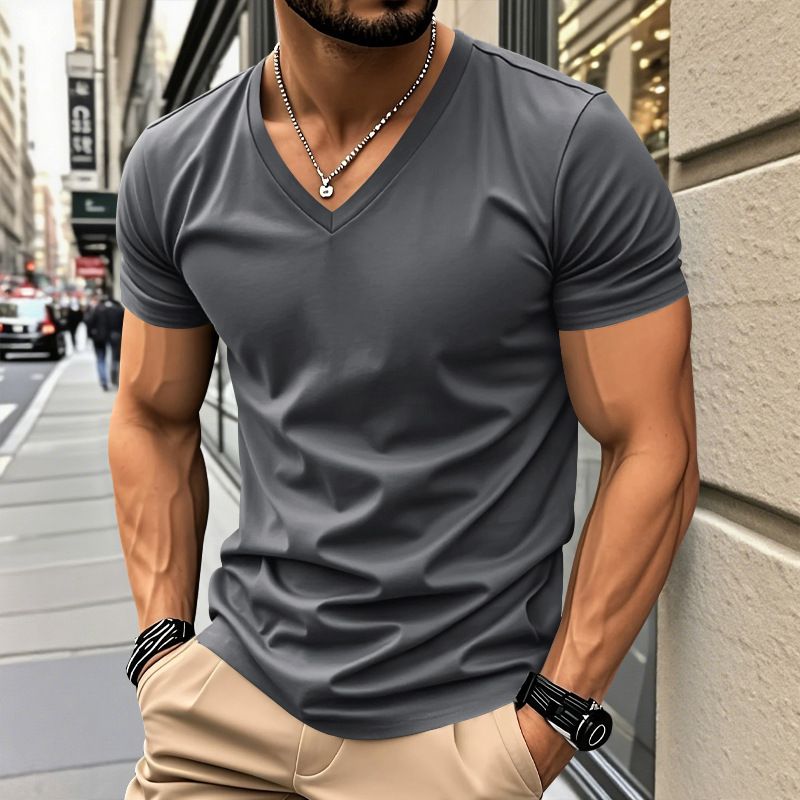 Herrenbekleidung T-Shirt Einfarbig V-Ausschnitt Kurzarm Sommer Neue Große Größe Trend Tops_voghion.com