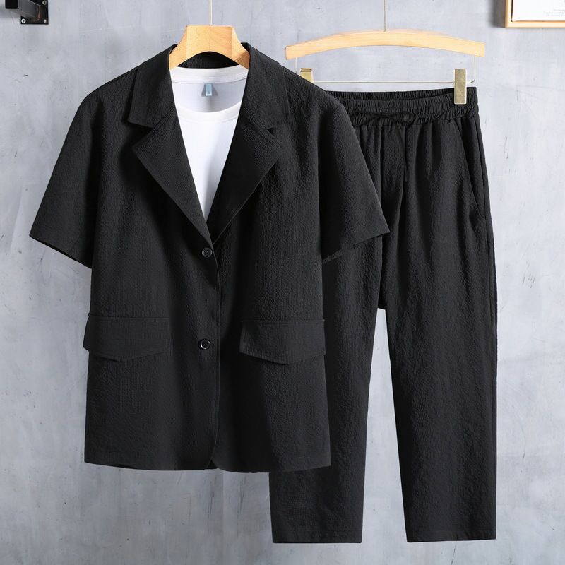 Herrenbekleidung in Übergröße, zweiteilig, Sommer, lässiger Neun-Punkt-Hosenanzug, trendiger, dicker, kurzärmeliger Anzug für Herren_voghion.com
