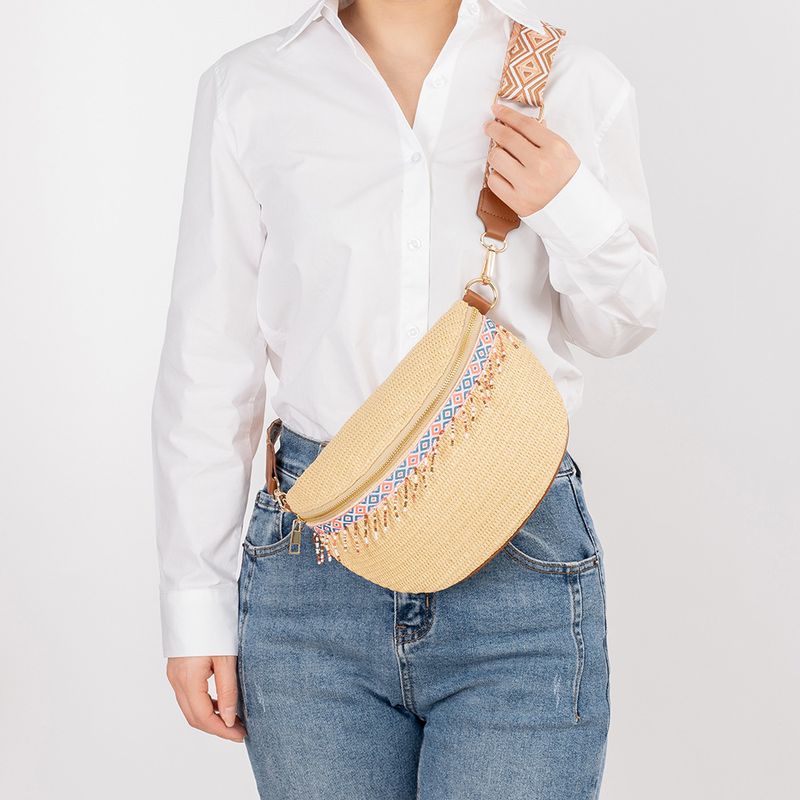 Bolsa feminina versátil de palha PP trançada com zíper para férias estilo étnico ENSPT_voghion.com