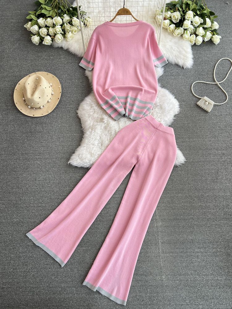2024 Nuevo traje de moda para mujer primavera estilo coreano cuello en V suelto contraste de color tejido de dos piezas cintura alta pantalones de pierna ancha_voghion.com