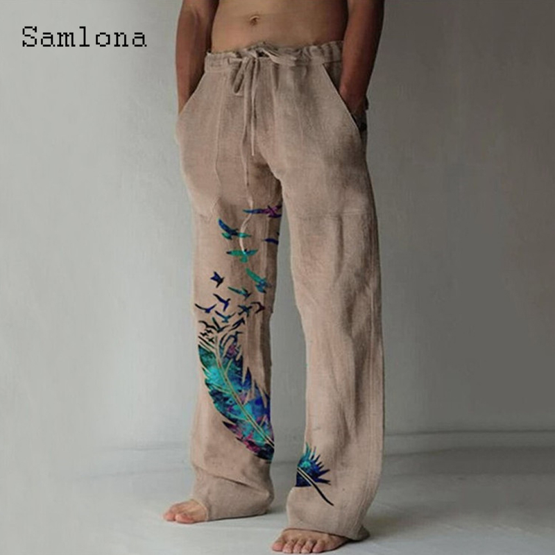 Samlona 2022 männer Taschen Design Leinen Hosen Kordelzug Lose Hosen Plus Größe 3xl Mens Fashion Vögel Feder Drucken_voghion.com