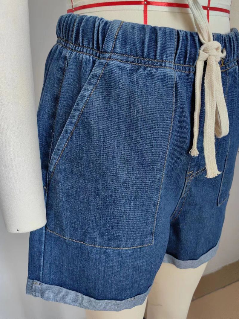 Pantaloncini di jeans da donna Pantaloni elastici in vita con lacci Jeans casual arricciati in denim_voghion.com