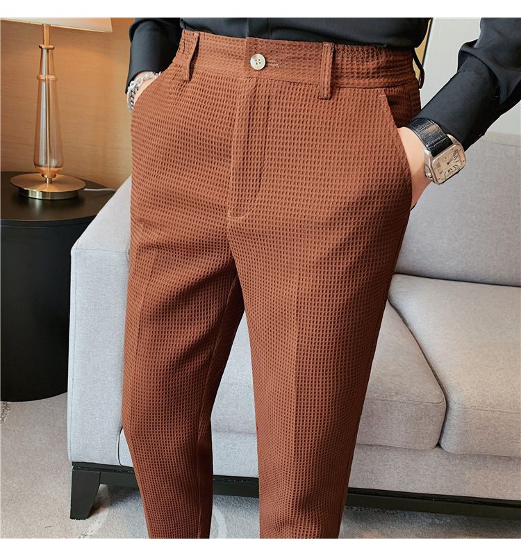 Herrenbekleidung Waffel Freizeithose Herren Business Anzughose Slim Fit Kleine Füße Bügelfrei Elastische Taille Anzughose_voghion.com
